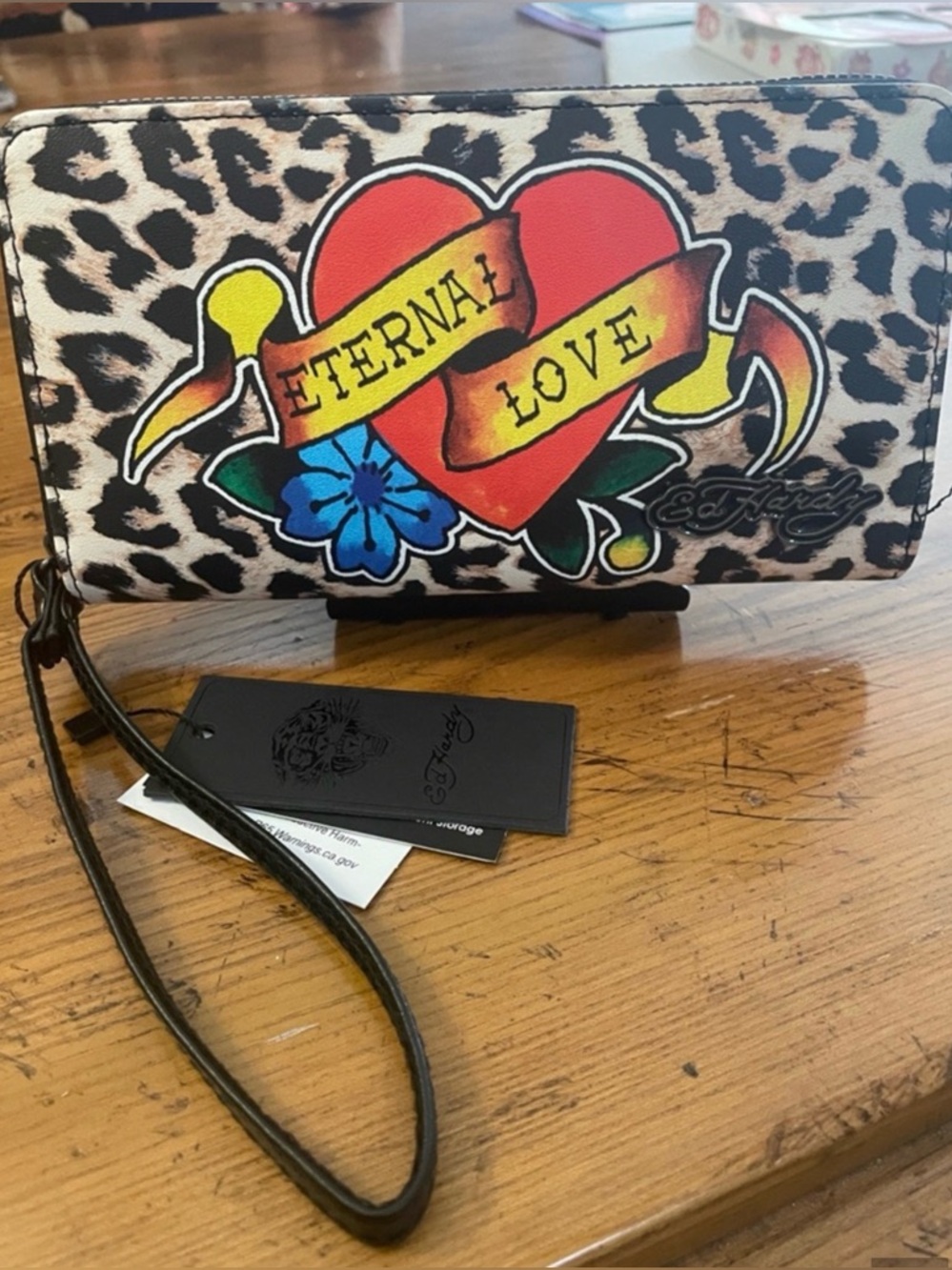 Ed Hardy Leopard Print Wristlet with Red Heart and Blue Flower - Picture 2 of 6